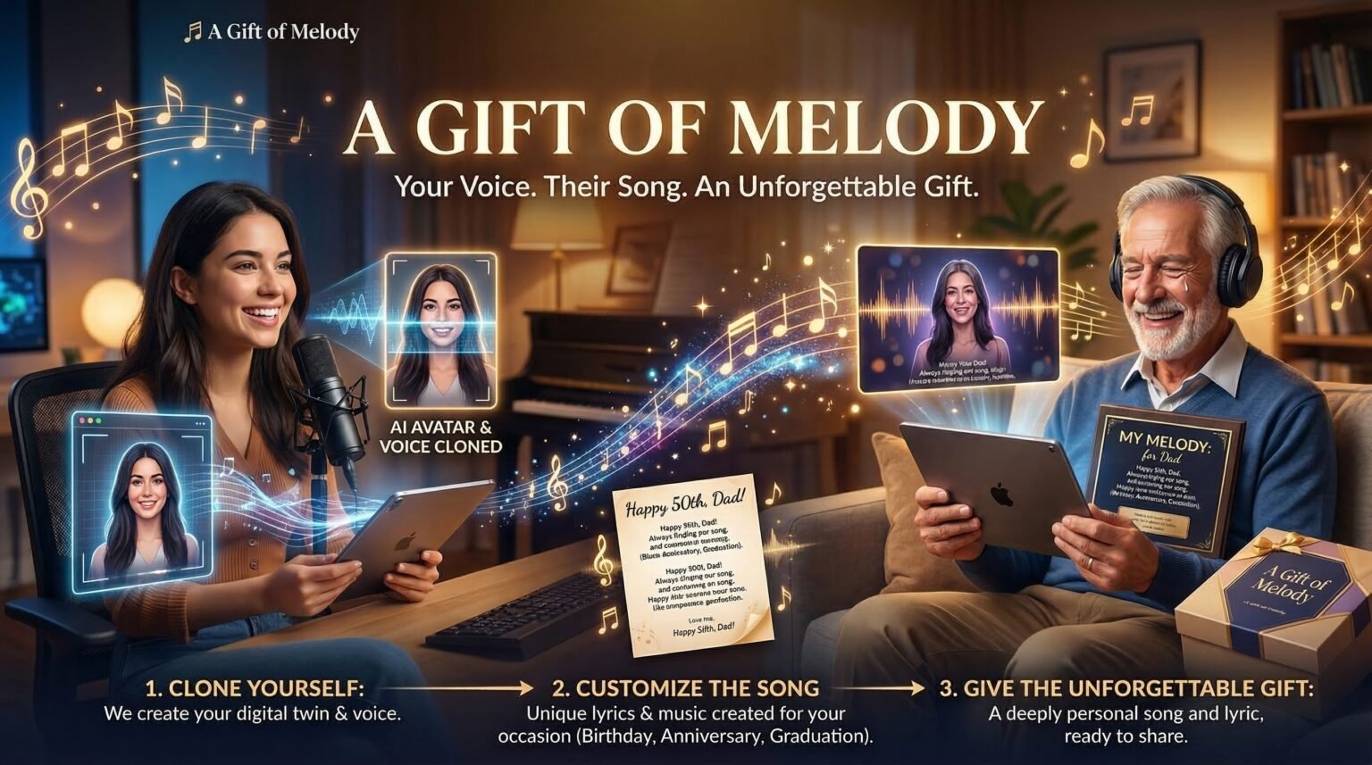 Infographic showing the 3-step process of A Gift of Melody: cloning a voice with AI, customizing lyrics for a special occasion, and an elderly man joyfully receiving a personalized digital song gift.
